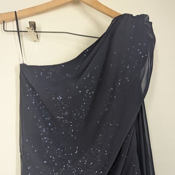 Talbot Runhof One Shoulder Sequined Gown Dress Georgette Overlay Size 6 FLAWS - Picture 4 of 11